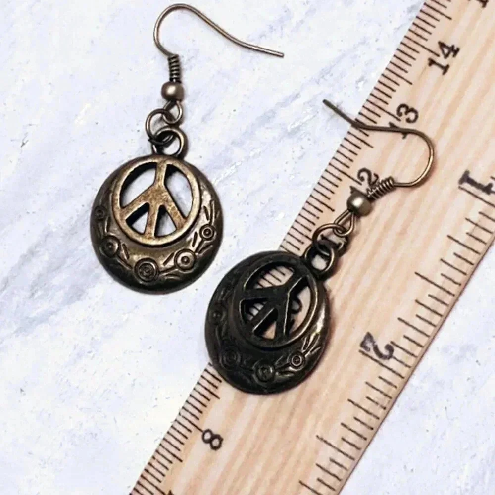 Artsy Peace Sign Bronze Antique Brass Stylized Dangle Earrings